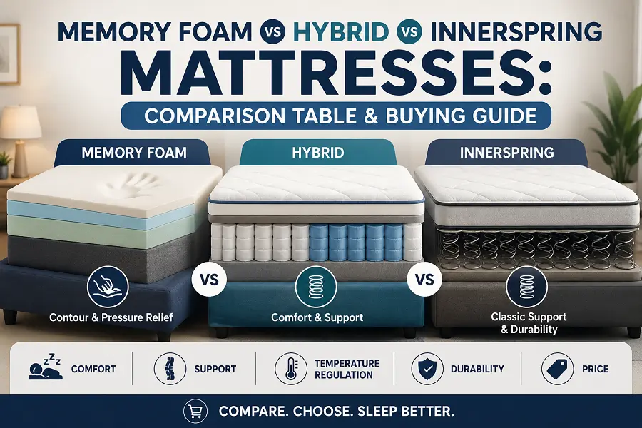 innerspring make a table comparing memory foam vs hybrid mattresses
